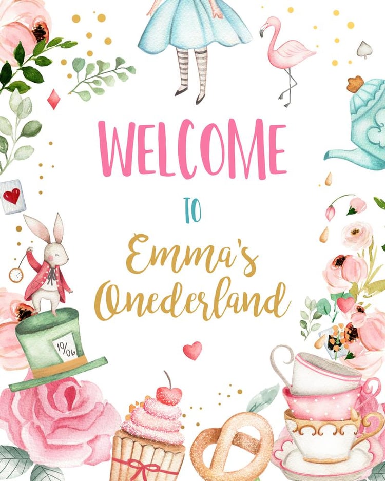 Alice in Wonderland 1st Birthday Welcome Sign - Editable Pink Mad Tea Party