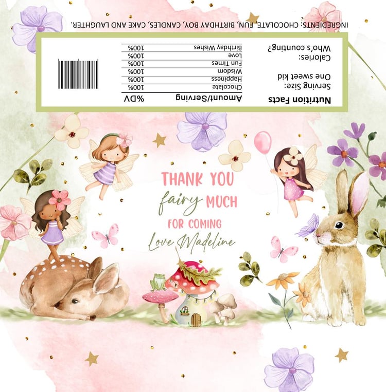 Fairy Candy Bar Wrapper Template, Editable Garden Birthday Chocolate Label