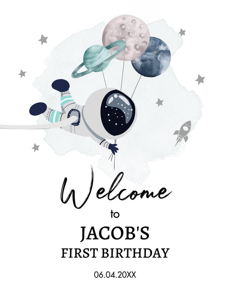 Outer Space 1st Birthday Welcome Sign | Galaxy Trip Around the Sun Canva Template