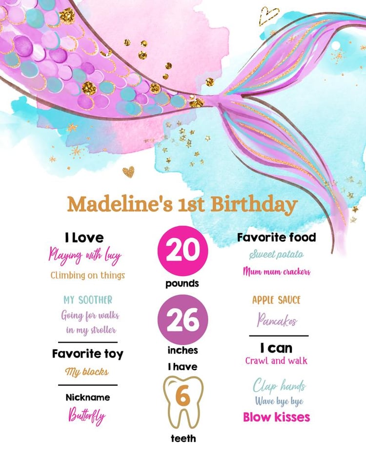 Editable Mermaid 1st Birthday Milestone Sign | Under the Sea Canva Template