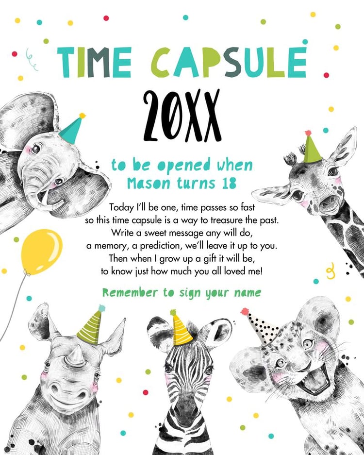 Editable Party Animals Time Capsule | Blue Wild One 1st Birthday Canva Template