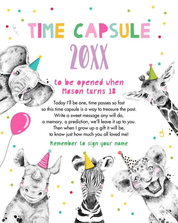 Party Animals Time Capsule | Editable Pink Wild One 1st Birthday Template
