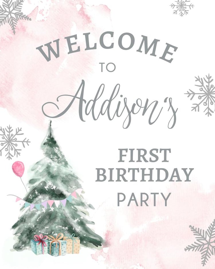 Winter Onederland Welcome Sign Pink Snowflake 1st Birthday Canva Template