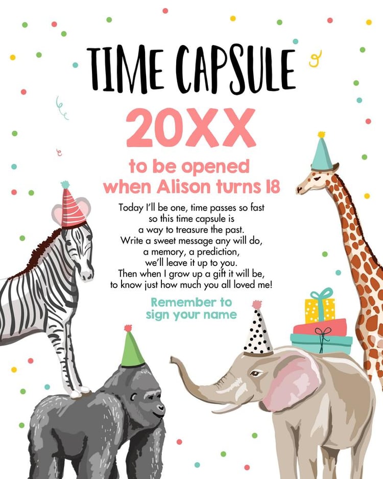 Pink Party Animal First Birthday Time Capsule | Editable Canva Template