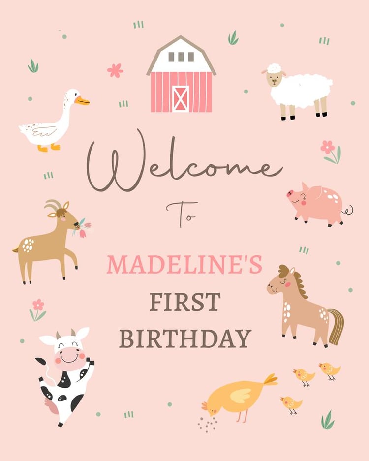 Editable Pink Farm Birthday Welcome Sign | Girl Barnyard Party Canva Template