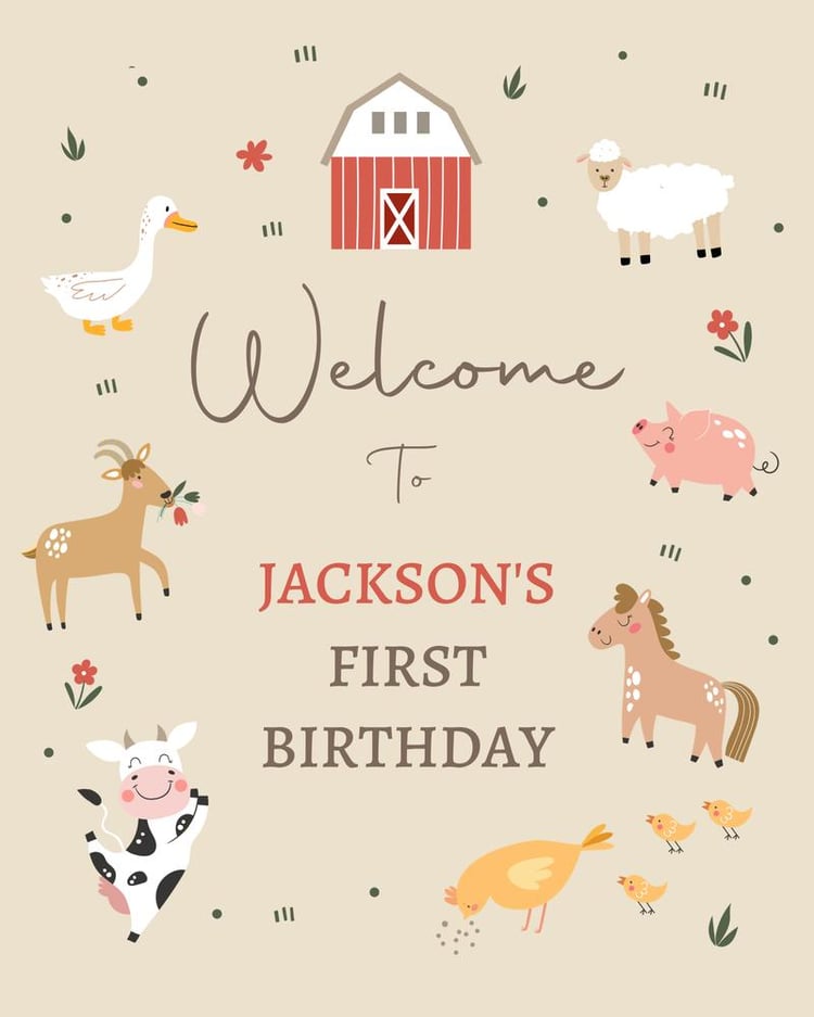 Farm Birthday Welcome Sign Template | Editable Red Barnyard Boy Party Decor
