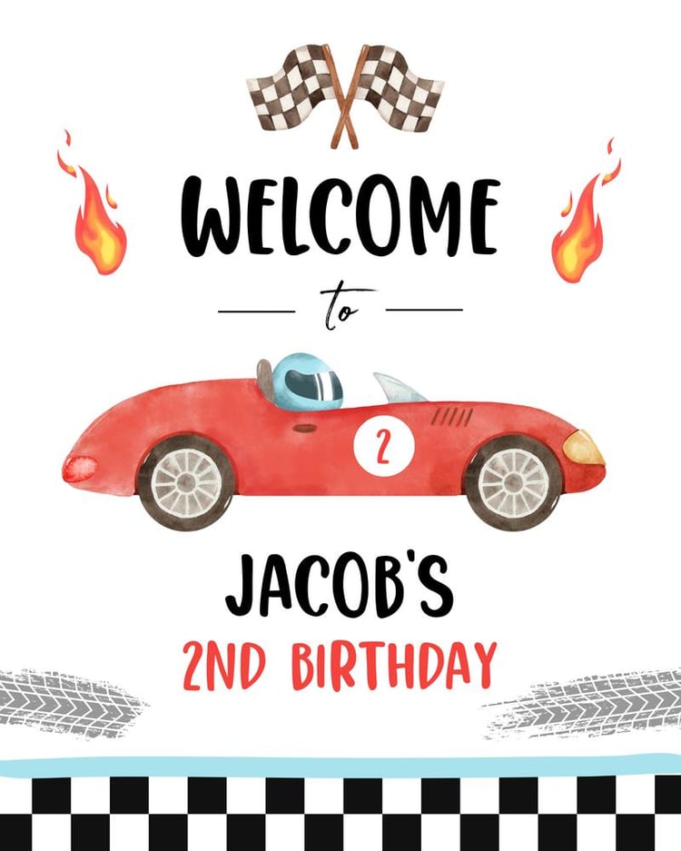 Race Car 2nd Birthday Welcome Sign | Two Fast Two Curious Canva Template