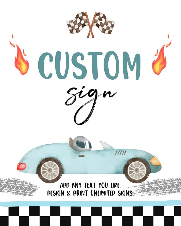 Two Fast 2 Curious Birthday Sign | Vintage Race Car Party Poster | Blue 8x10