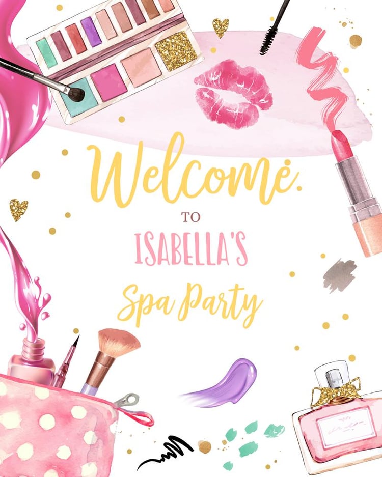 Editable Spa Party Welcome Sign - Pink & Gold Girls Birthday Canva Template