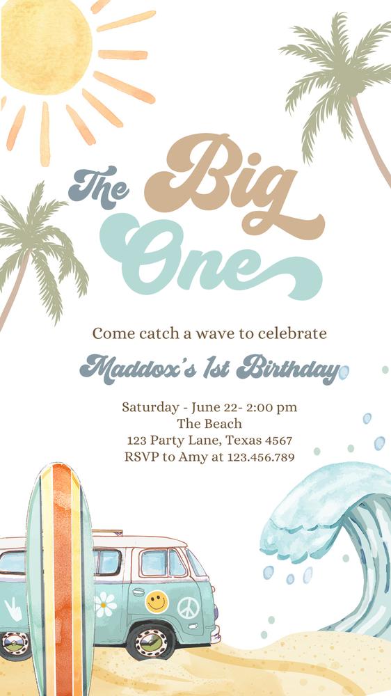 Retro Surfboard 1st Birthday Invite | Editable Canva The Big One Surf Evite