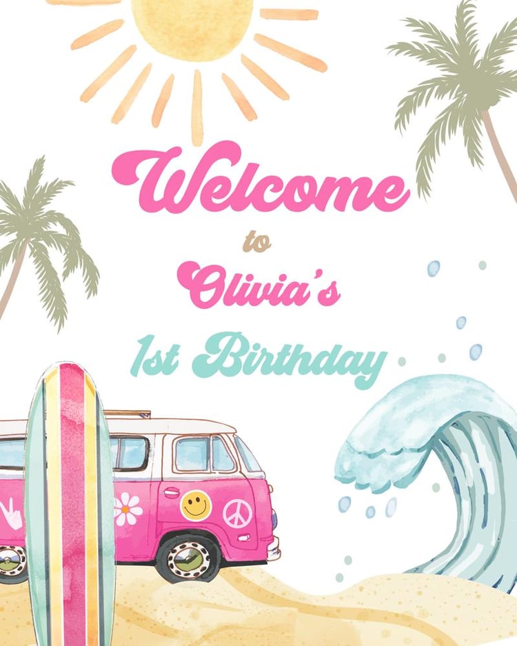 Girls Surf Birthday Welcome Sign | Retro Beach "The Big One" Canva Template