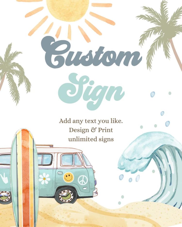 Editable Surfs Up Birthday Sign | The Big One Boys Surf Party Canva Template