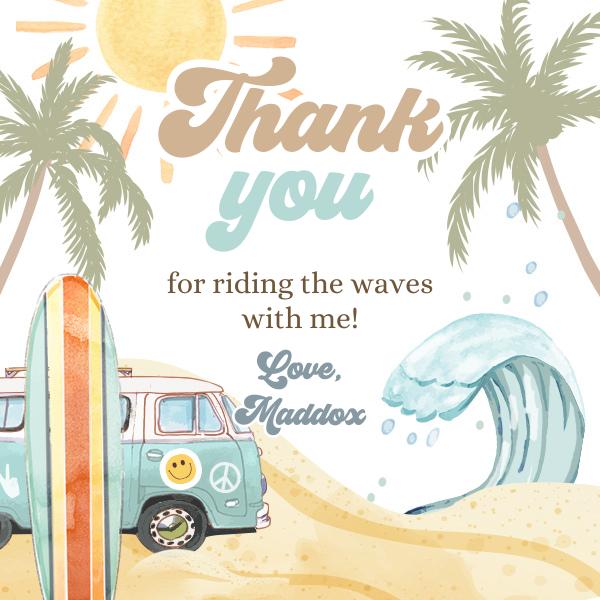 Retro Surf 1st Birthday Favor Tag | Editable "The Big One" Beach Sticker Template