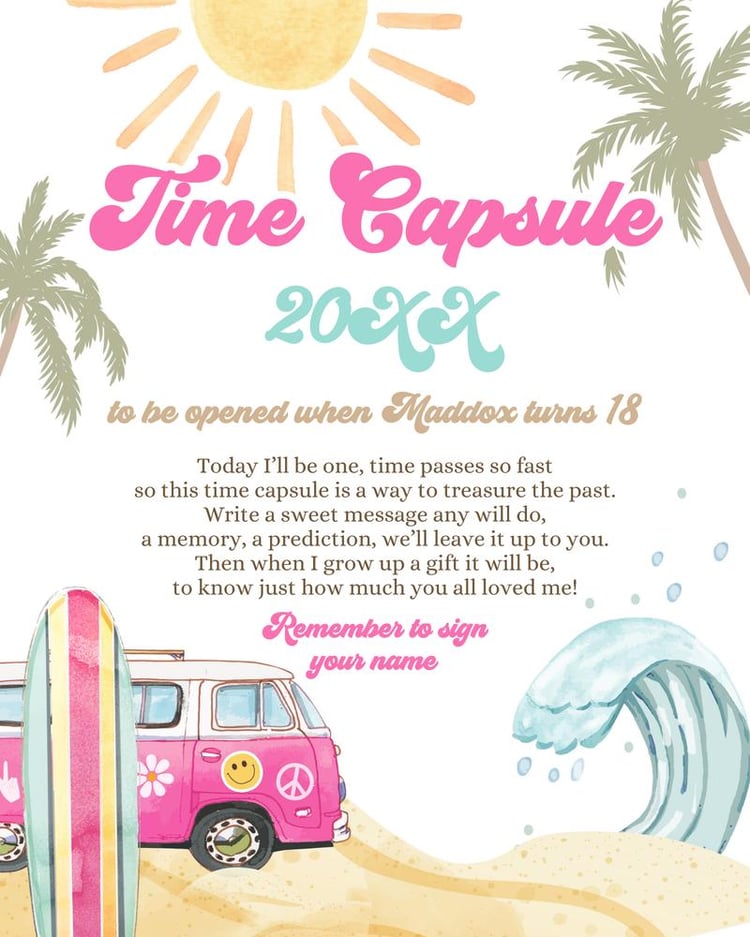 Editable Surf Time Capsule Template | Pink Retro Girl First Birthday Party Decor