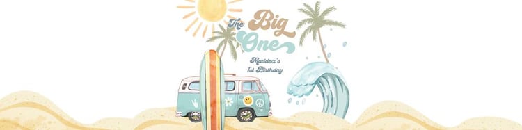 Editable Surfboard Water Bottle Labels | Retro 1st Birthday The Big One Template