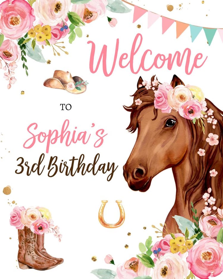 Editable Floral Horse Birthday Welcome Sign | Pony Cowgirl Party Canva Template