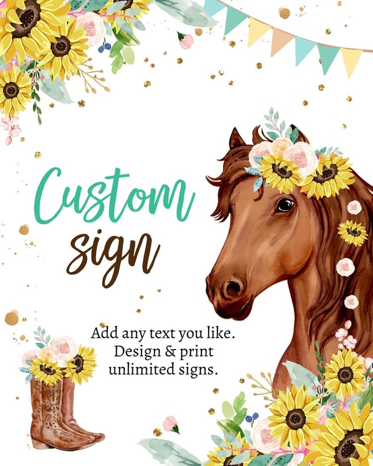 Editable Horse Birthday Sign | Saddle Up Cowgirl Sunflowers Table Decor 8x10