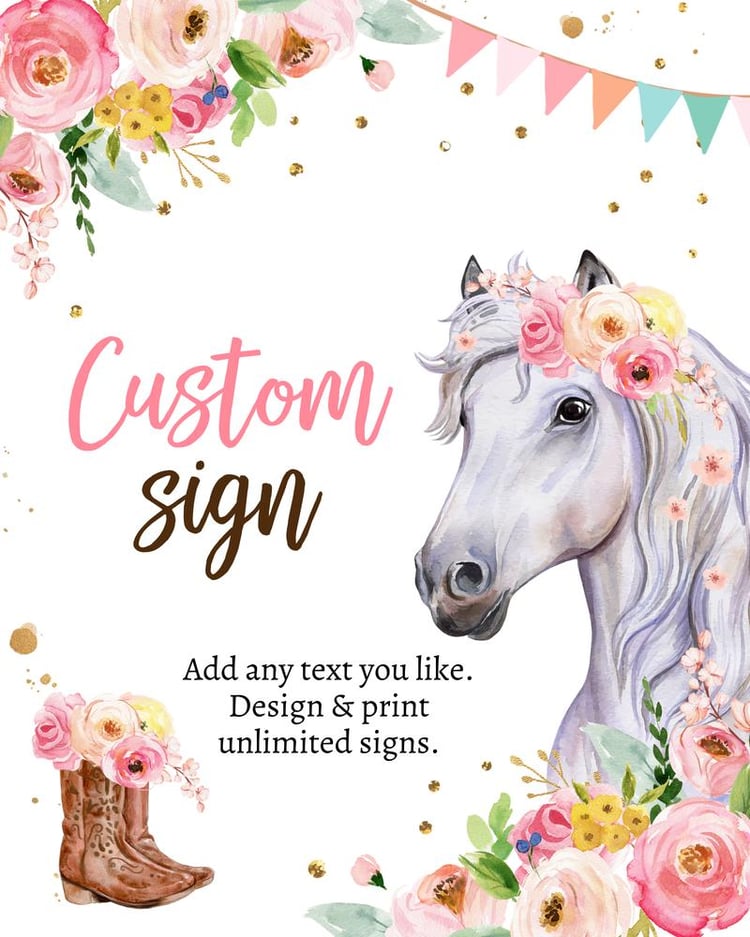 Pink Floral Horse Birthday Sign | Editable Cowgirl Party Decor Template