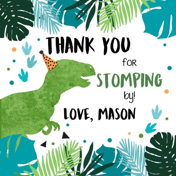 Editable Three Rex Birthday Favor Tags - Blue & Green Dinosaur Gift Tags