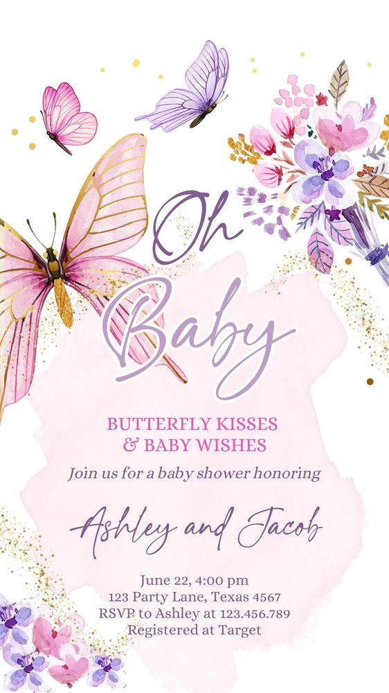 Purple Butterfly Baby Shower Invite | Floral Gold Girl Evite Canva Template