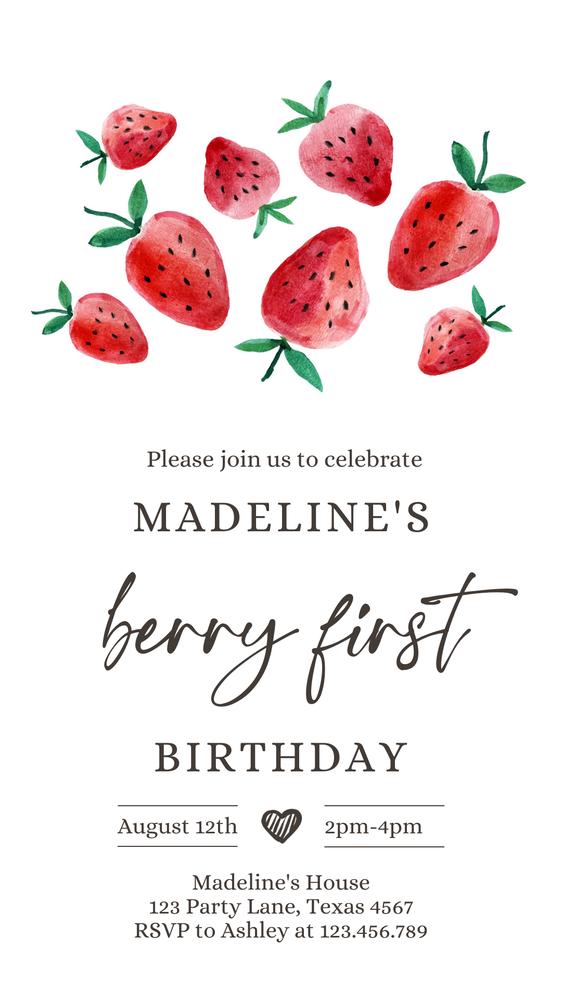 Berry First Birthday Electronic Invitation | Editable Strawberry 1st Evite