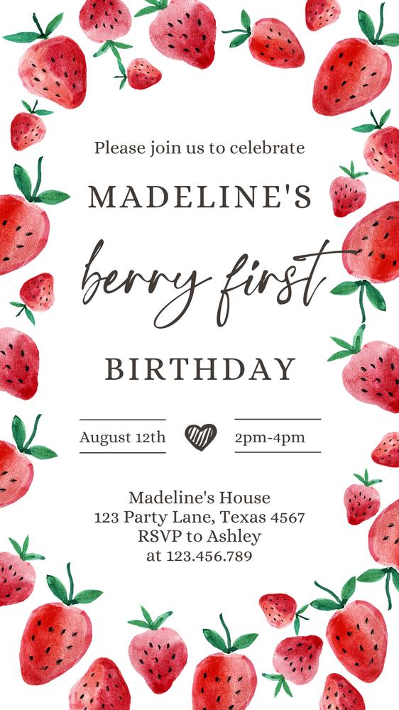 Berry First Birthday Electronic Invitation | Editable Strawberry 1st Birthday
