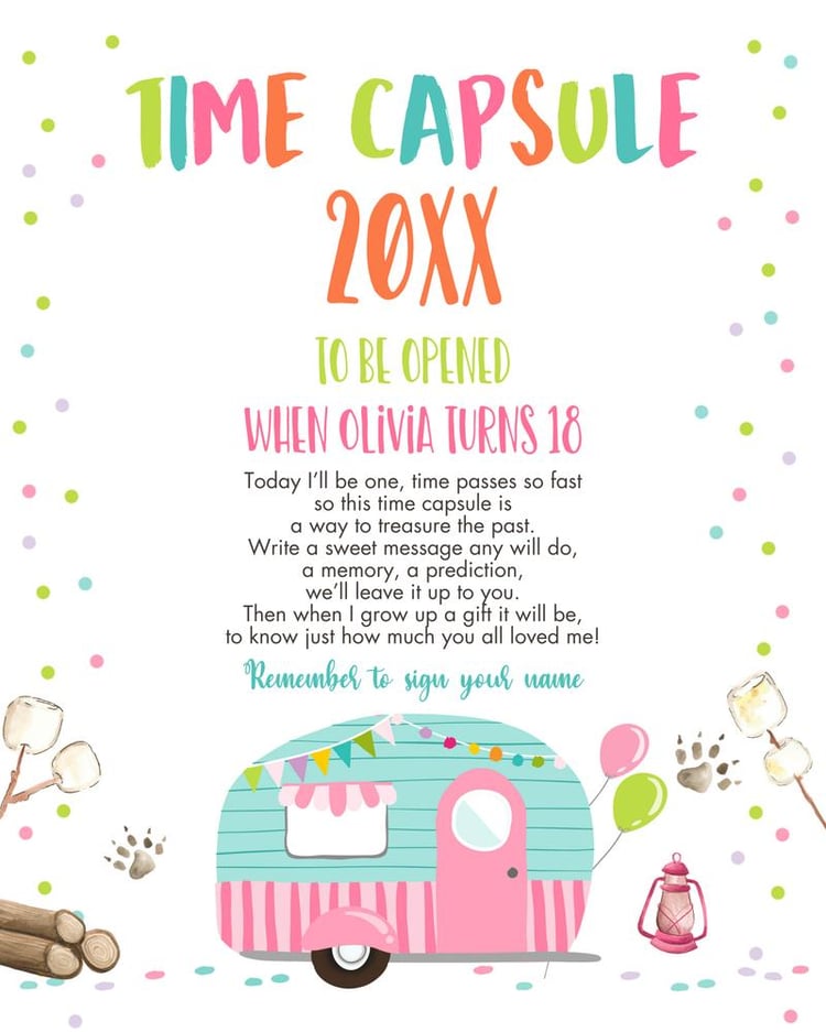 Pink Happy Camper Time Capsule Template | Editable Girl Birthday Guestbook