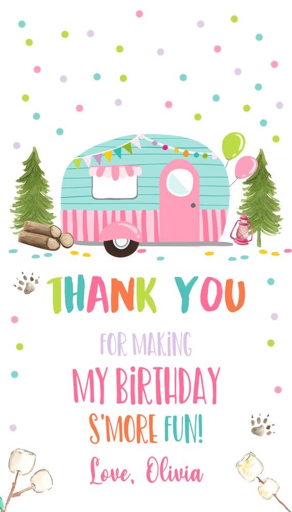 Editable Pink Smore Favor Tags - Girls Camping Birthday Canva Template