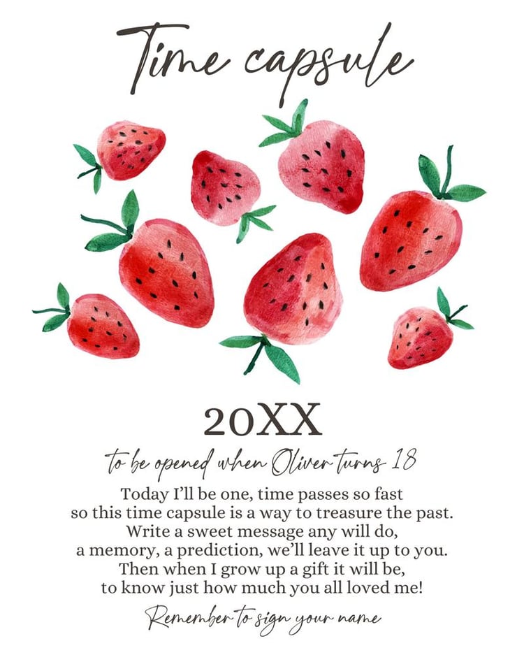 Berry Sweet One Strawberry First Birthday Time Capsule Canva Template