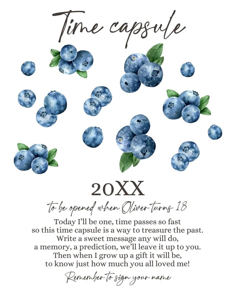 Berry First Birthday Time Capsule Template | Editable Blueberries Boy Decor