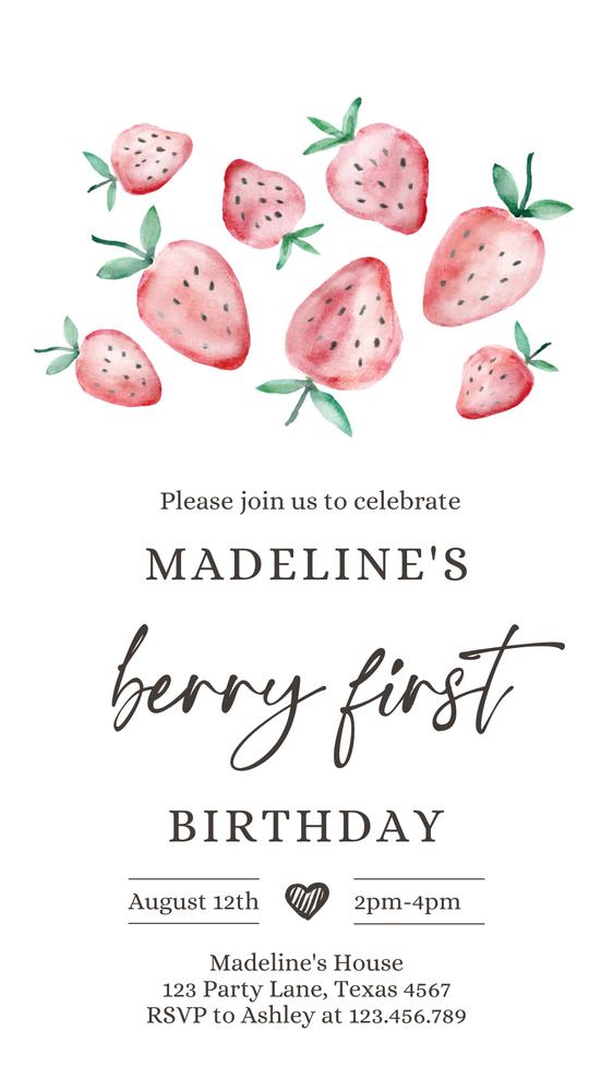Berry First Birthday Electronic Invite | Editable Canva Strawberry 1st Evite