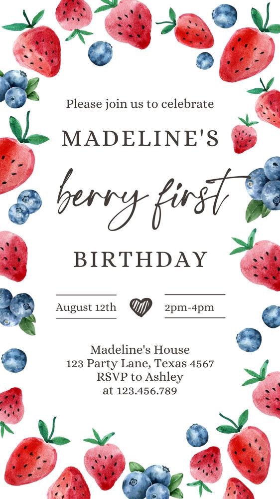 Berry Sweet Birthday Invitation | Editable Blueberry Strawberry Picking Evite