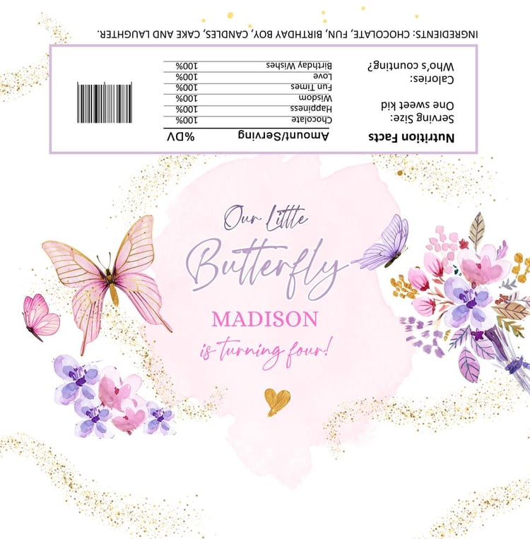 Butterfly Chocolate Bar Wrapper Template, Purple Floral Candy Bar Label, Canva
