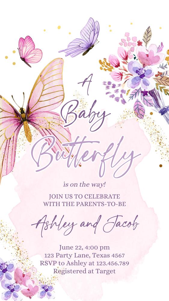Purple Butterfly Baby Shower Invite | Floral Gold Girl Evite Canva Template