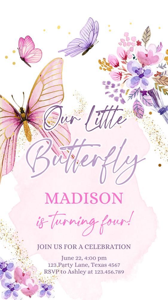 Purple Butterfly 1st Birthday Invite | Editable Girls Floral Canva Template
