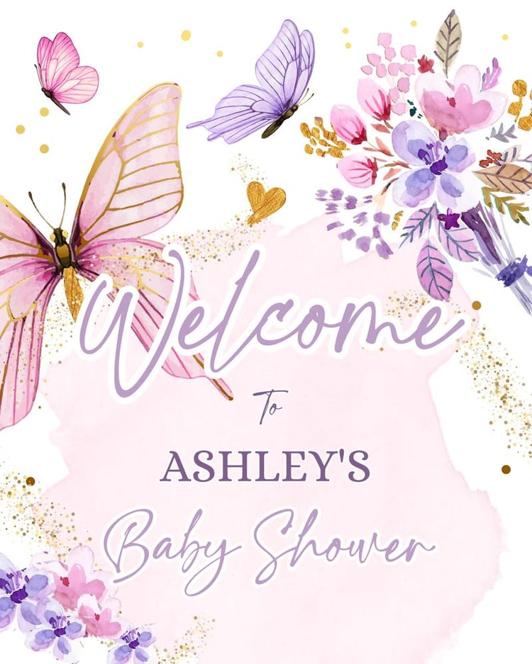 Editable Butterfly Welcome Sign Pink & Gold Floral Baby Shower Canva Template