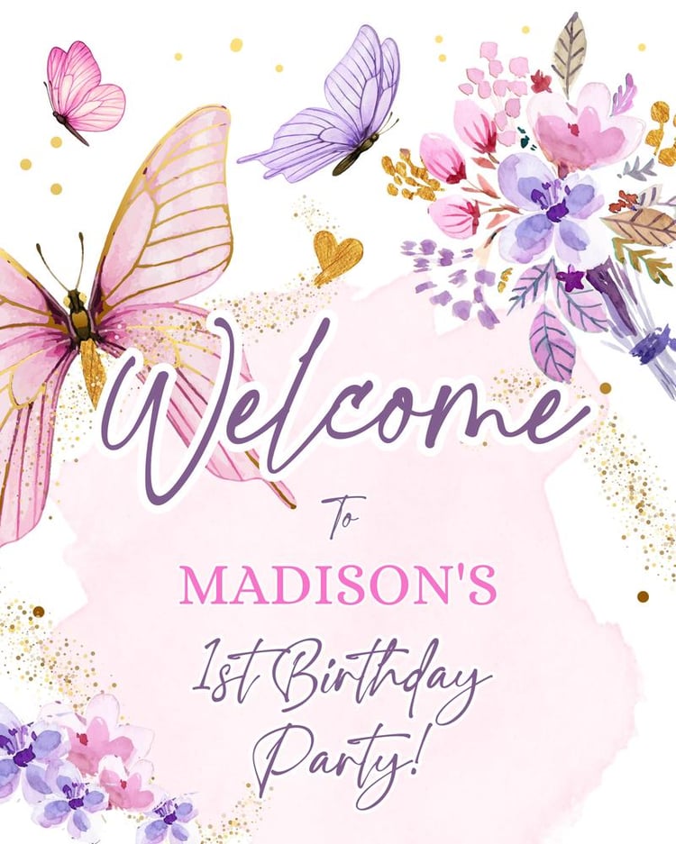 Editable Butterfly Birthday Welcome Sign Template | Pink & Gold Floral Garden