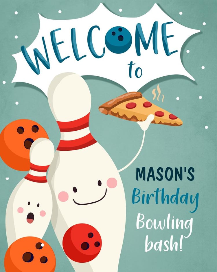 Bowling Birthday Welcome Sign | Editable Boys Party Poster Template