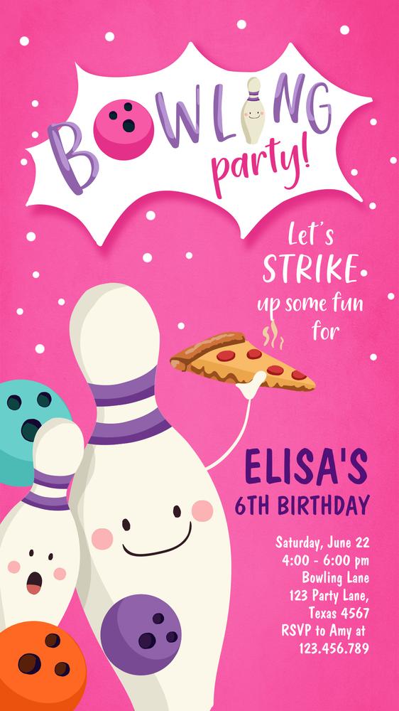 Pink Bowling Birthday Invitation | Girls Pizza Party Mobile Evite for Canva