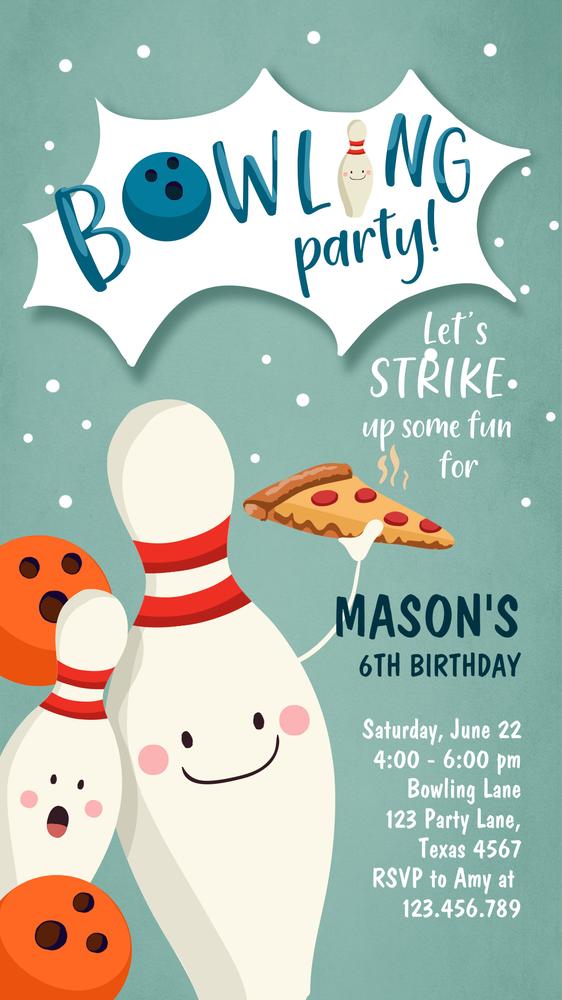 Bowling Birthday Invitation | Editable Canva Template | Boys Pizza Party Evite