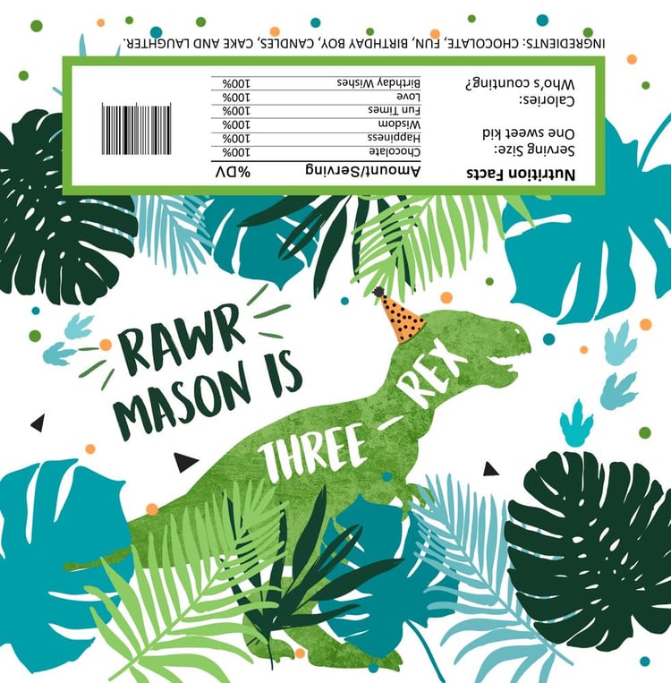 Editable Dinosaur Chocolate Bar Wrapper - Three Rex Birthday Canva Template