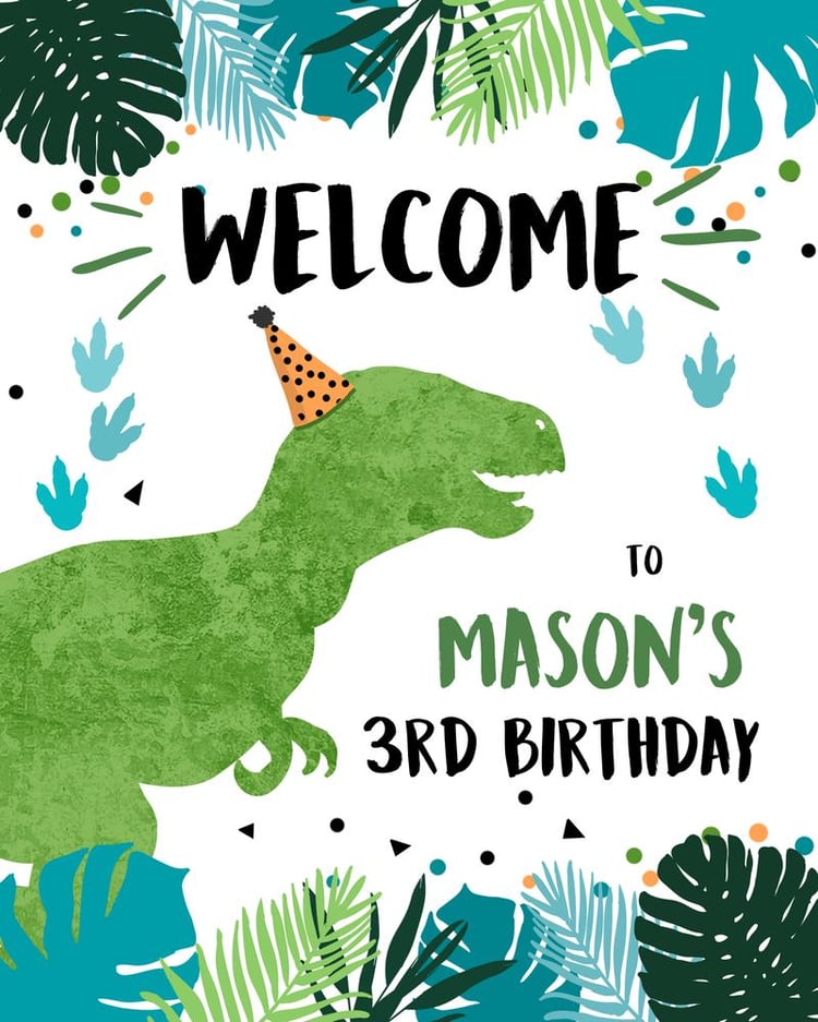 Editable Dinosaur Birthday Welcome Sign | Blue & Green Boy Dino Party Template