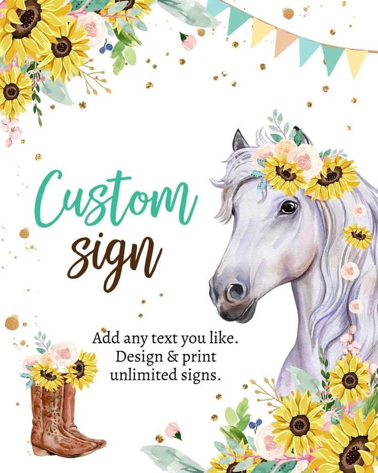 Editable Horse Birthday Sign | Cowgirl Saddle Up Sunflower Table Decor 8x10