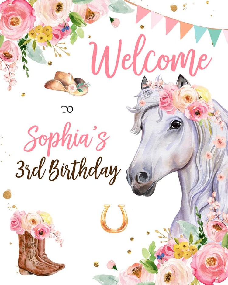 Editable Horse Birthday Welcome Sign | Pink Floral Pony Party Poster Canva