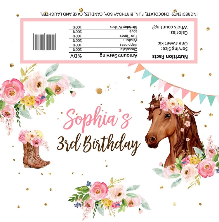 Horse Birthday Chocolate Bar Wrapper | Editable Cowgirl Candy Bar Label Canva