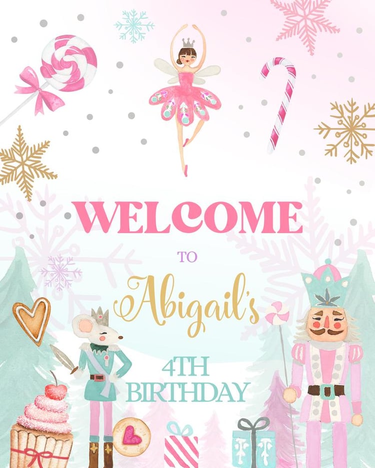 Nutcracker Birthday Welcome Sign Template | Pink & Gold Winter Onederland