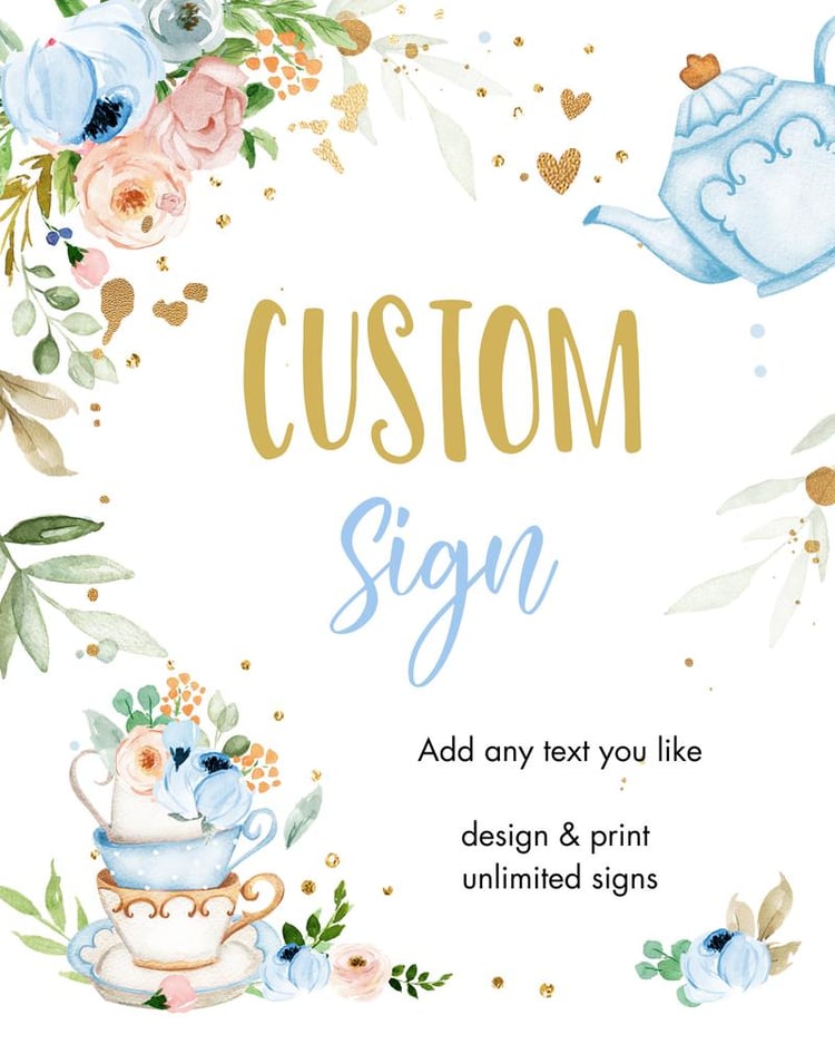 Boy Baby Shower Tea Party Sign - A Baby is Brewing Blue & Gold Floral 8x10