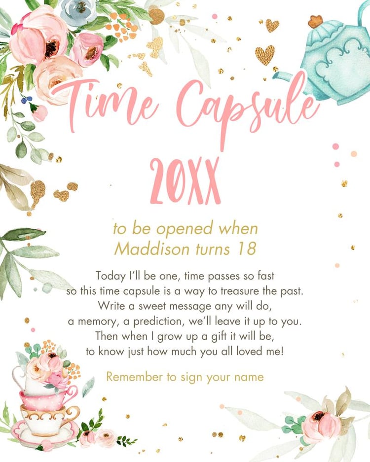 Floral Tea Party Time Capsule Template | Editable Birthday & Baby Shower