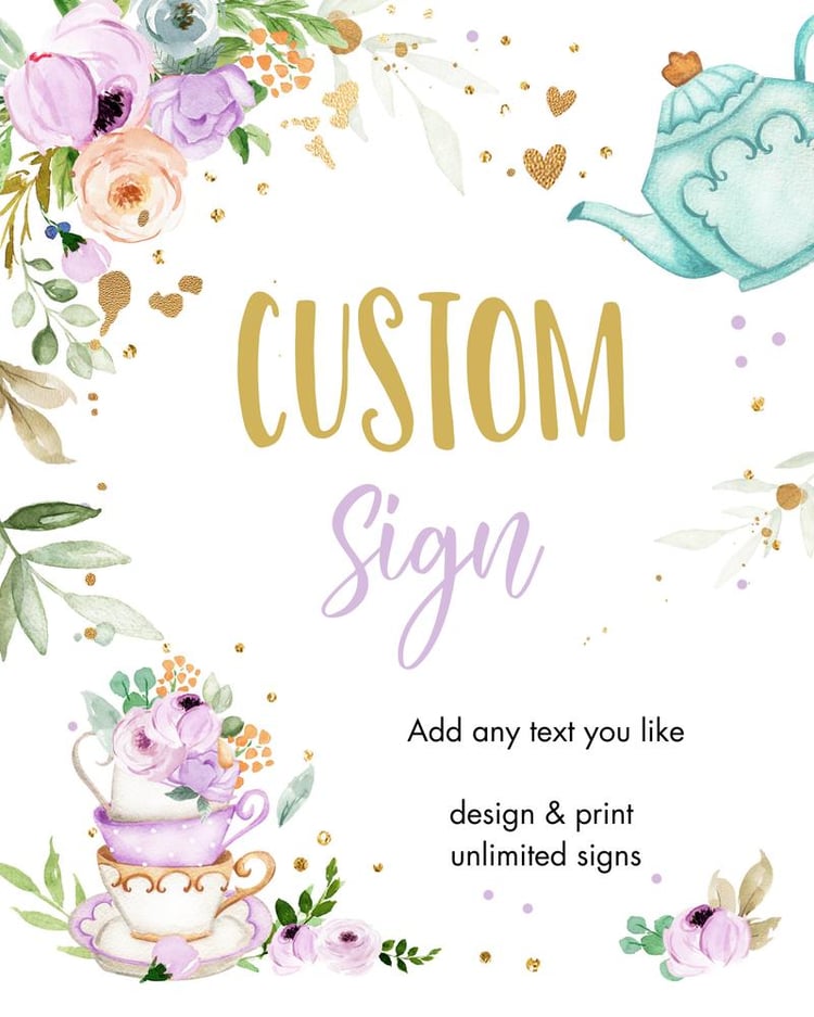 Purple Floral Tea Party Baby Shower Sign Template | Editable 8x10 Tea for Two