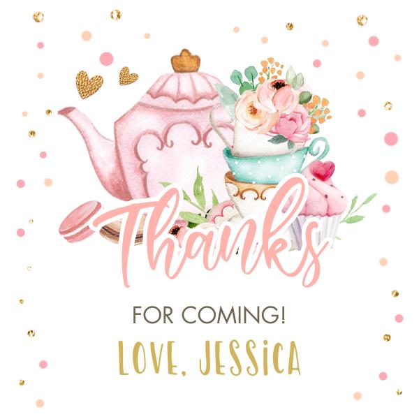 Floral Pink & Gold Tea Party Favor Tags - Editable Canva Baby Shower Label
